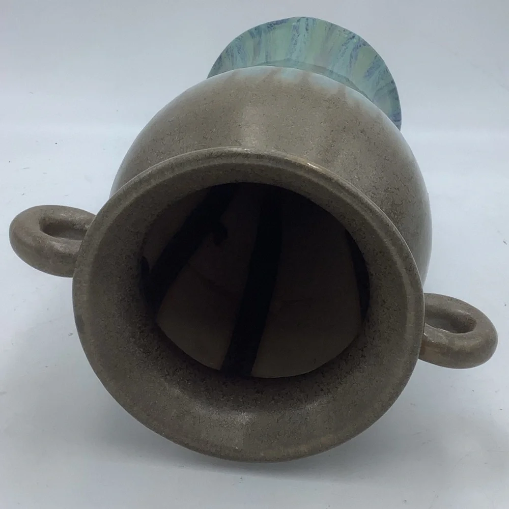 Brown Ceramic Vase with Turquoise Glaze and Round Handles